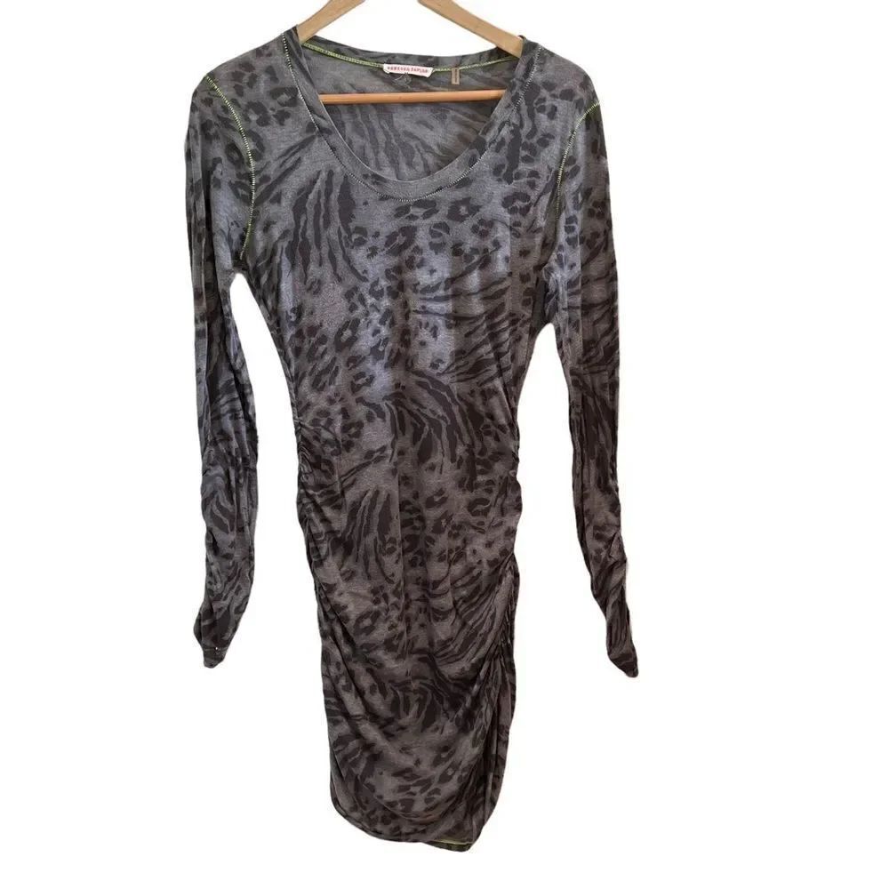 Rebecca Taylor Ruched Bodycon Gray Leopard Print Dress size L